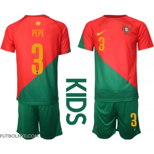 Camiseta Portugal Pepe #3 Primera Equipación para niños Mundial 2022 manga corta (+ pantalones cortos)